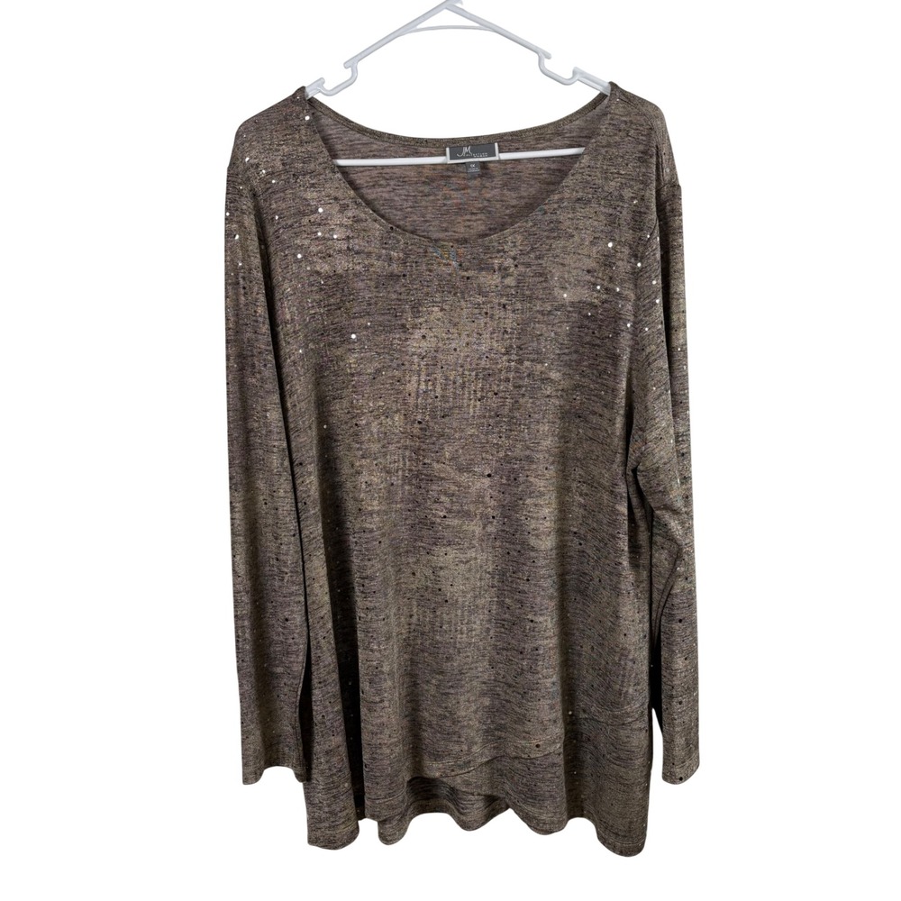 JM Collection Top Womens 1X Tan Gray Metallic Sequin Holiday Cocktail Party Glam